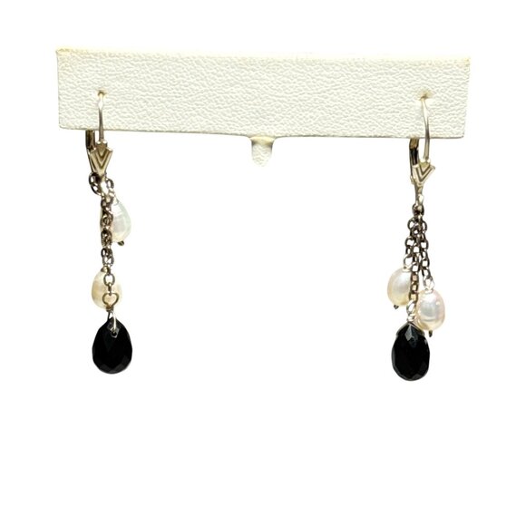 Sterling Silver Dangle Earrings Black Onyx Teardrop Freshwater Pearl Drop - Picture 1 of 6